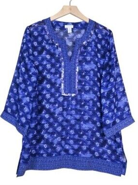Chico V-Neck Tunic Sheer With Sequin Trim  Top Blue & White Size 2
